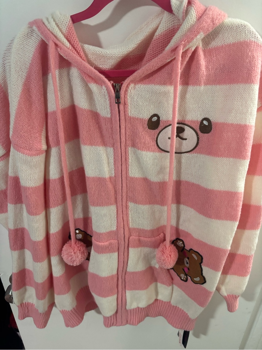 ROMWE Pink & White Striped Hooded Zip Sweater with Bear Pockets